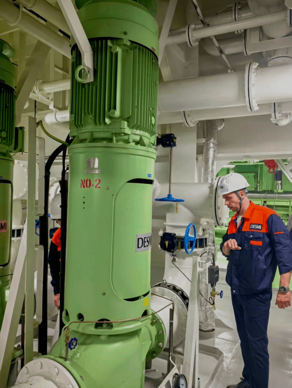 DESMI-pump i maskinrummet med servicetekniker