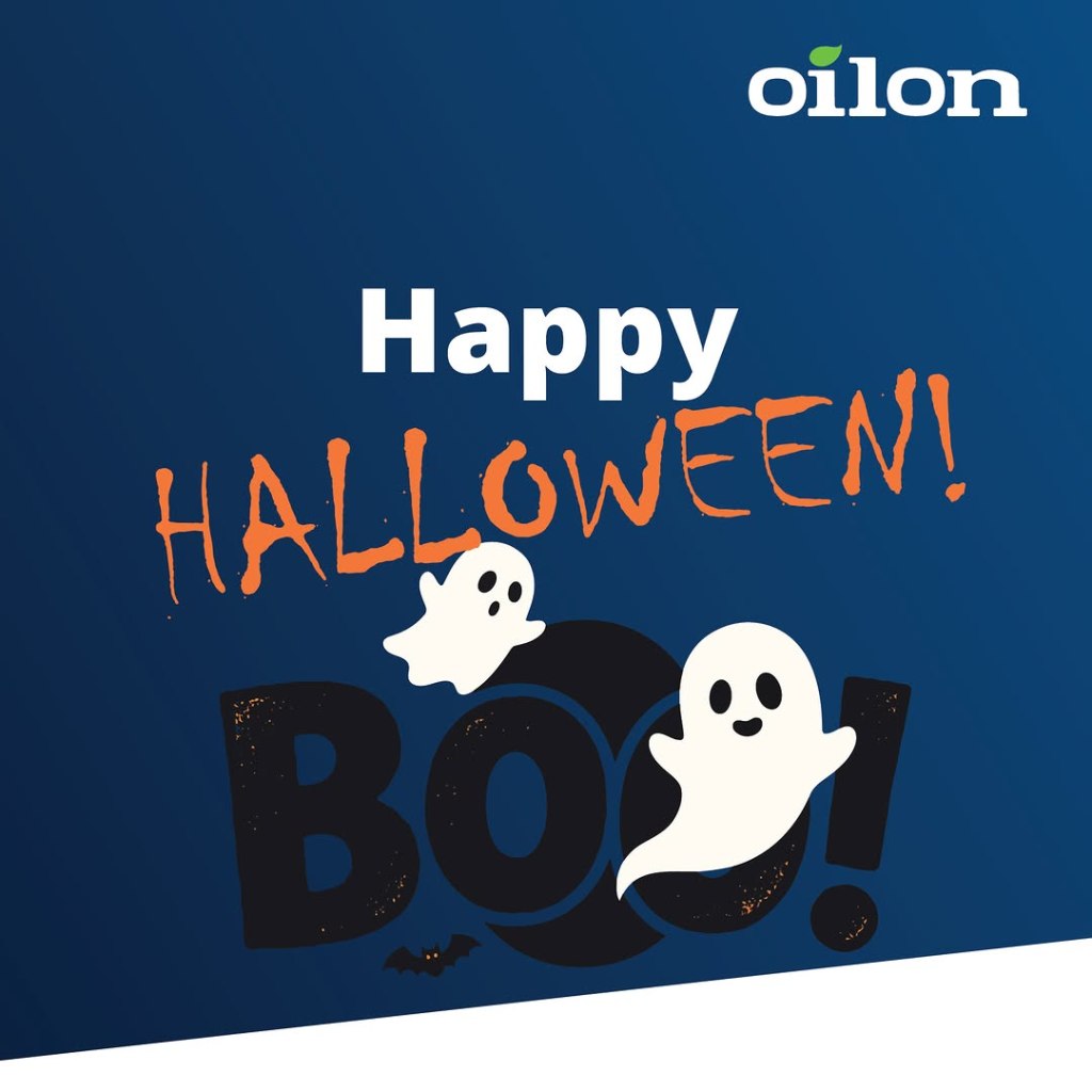 Oilon Halloween-grafik med texten Happy Halloween, Boo och två spöken
